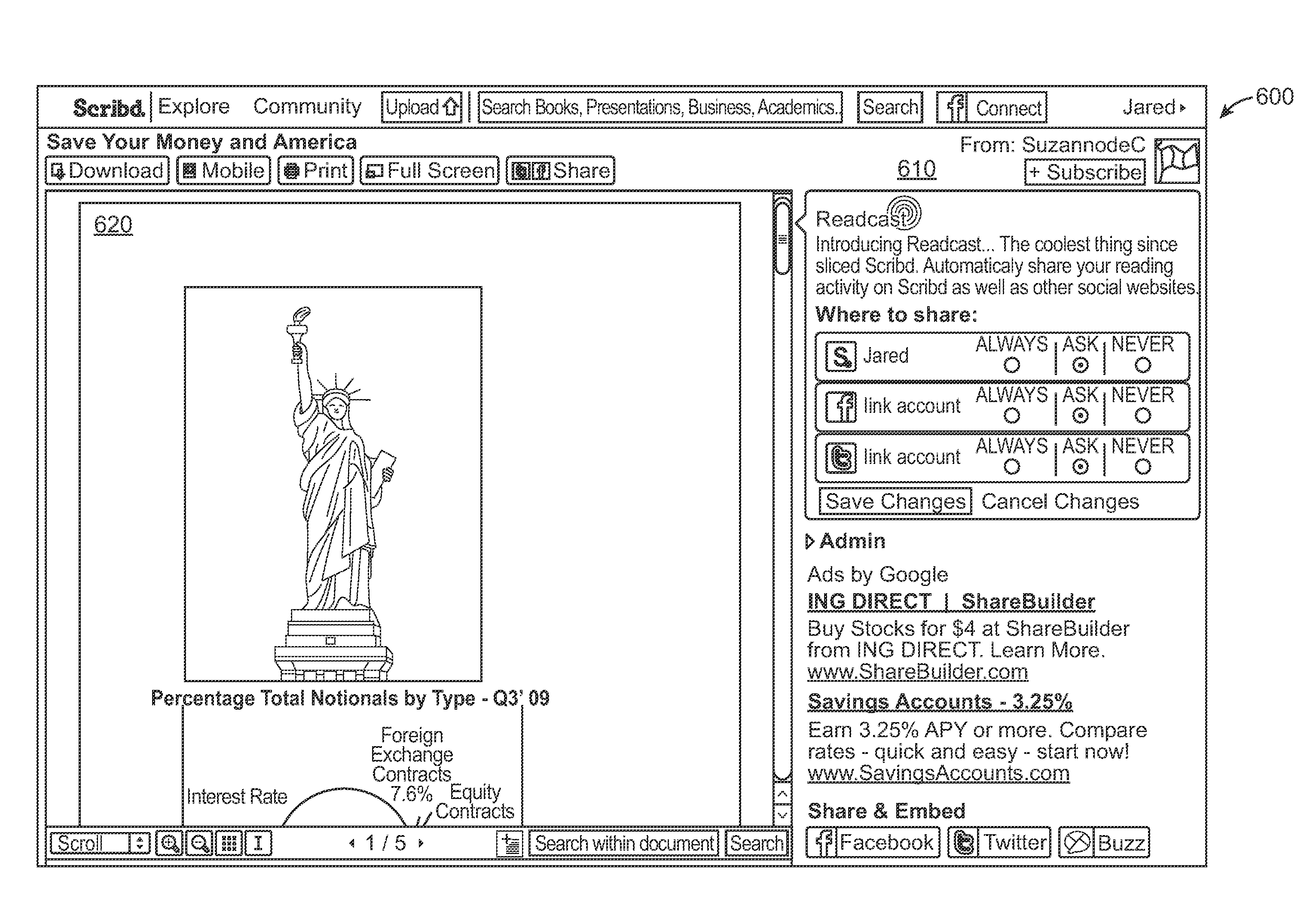 Integrated document viewer with automatic sharing of reading-related activities across external social networks