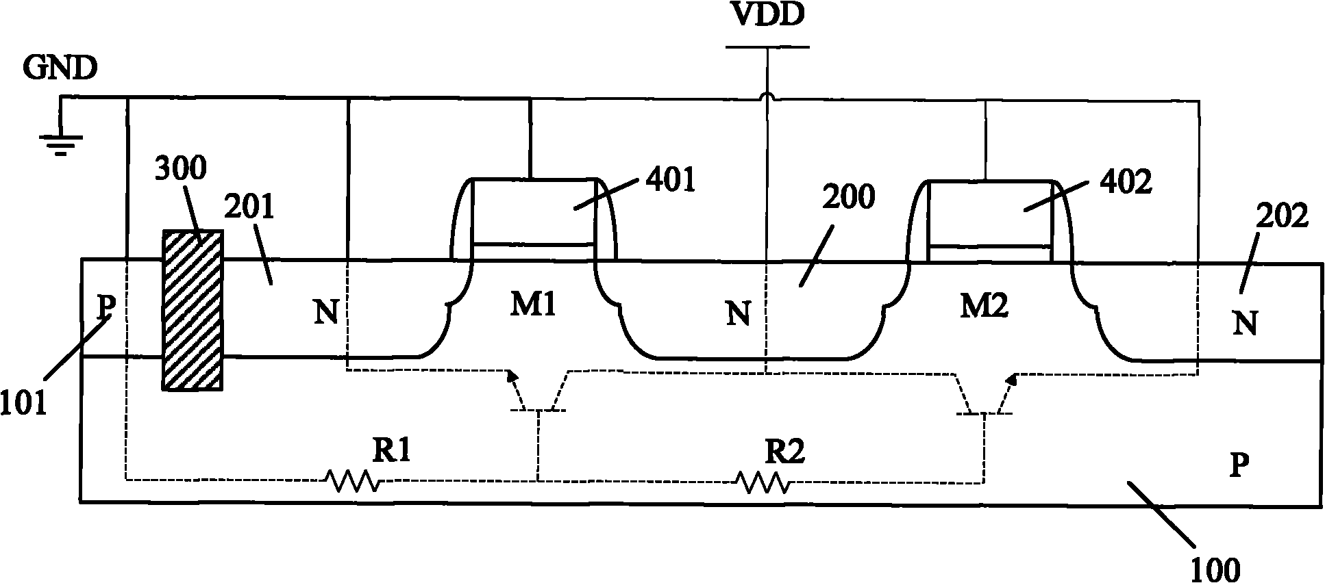 Multi-finger strip-type gate-ground N-channel metal oxide semiconductor (GGNMOS) and electrostatic protection circuit