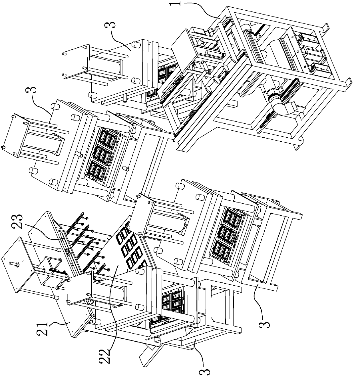 Flexible production line for producing paper pulp molded products