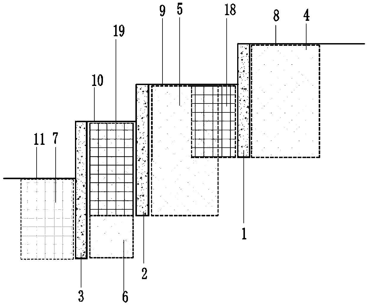 Multi-pile stepped retaining structure combined with manual filling soil grouting-reinforcement technology and construction method of multi-pile stepped retaining structure