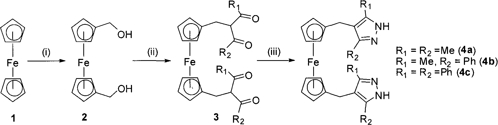 Polymethylene-bridged ferrocenyl bipyrazole and synthetic method thereof