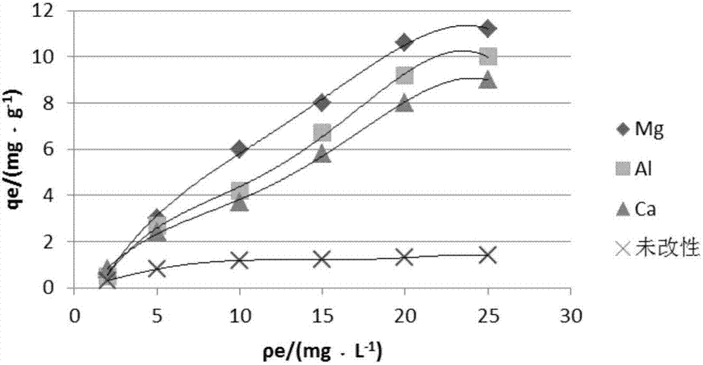 Metal element improved biochar-based nitrate radical adsorbent and preparation method thereof