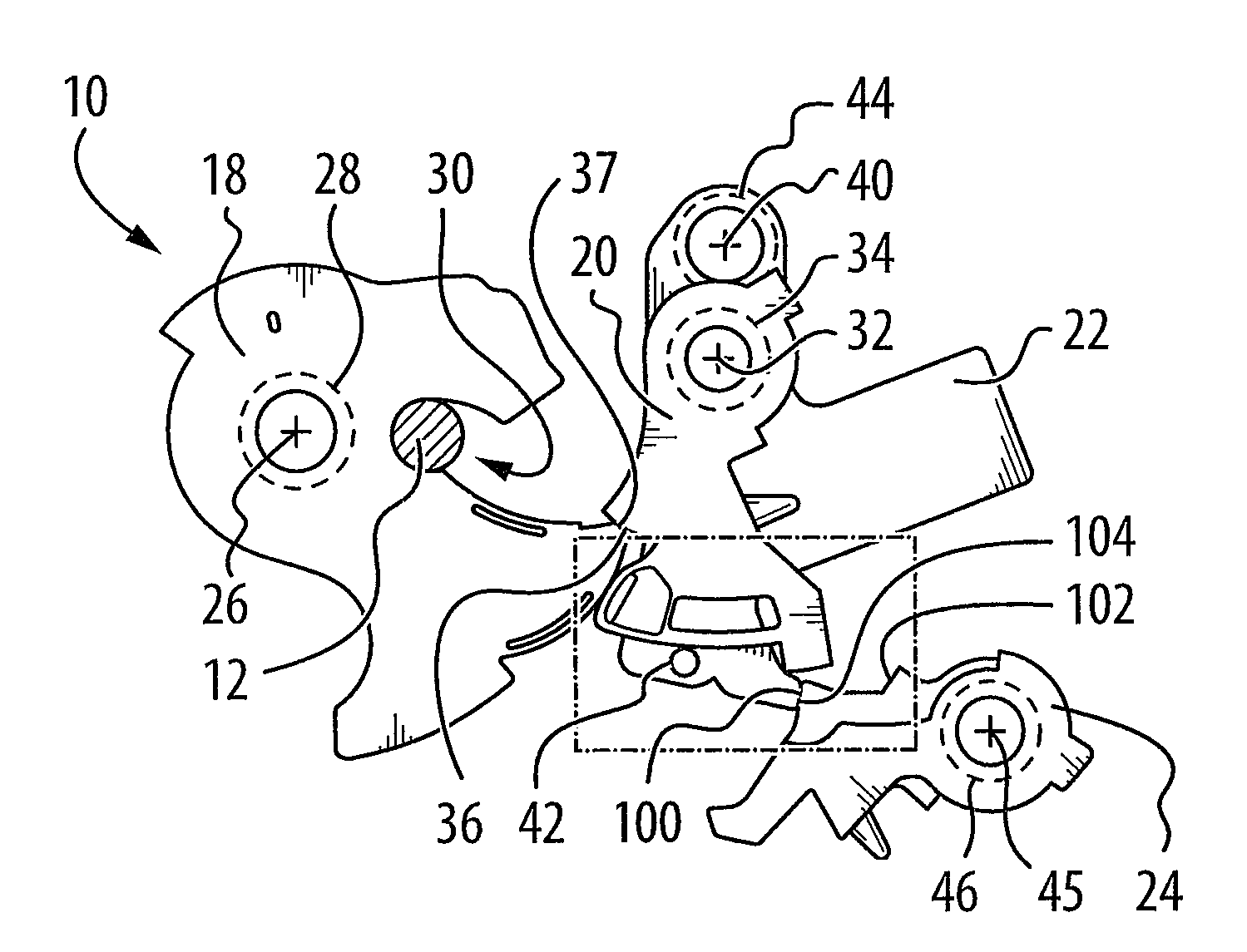 Vehicle latch with secondary engagement between cam and auxiliary pawl