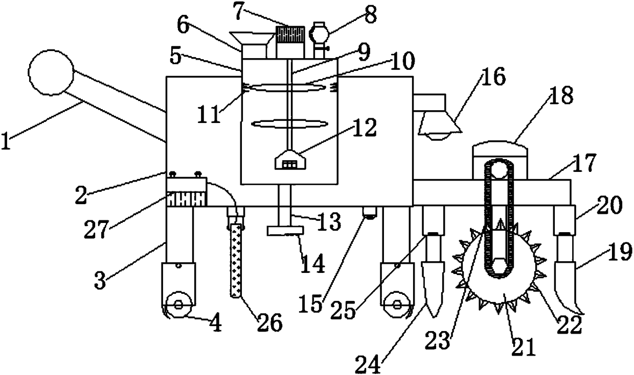 Efficient agricultural integrated machine for turning over and watering soil