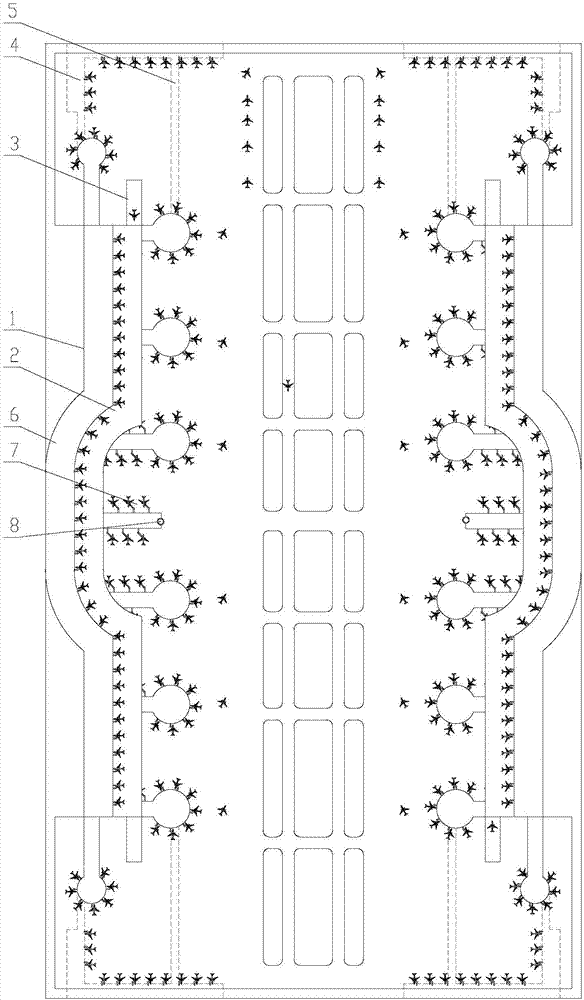 Composite airport with multi-apron and multi-airplane parking and boarding method