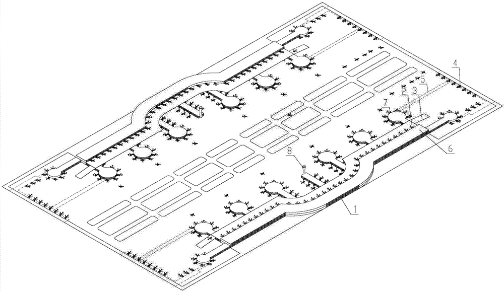 Composite airport with multi-apron and multi-airplane parking and boarding method