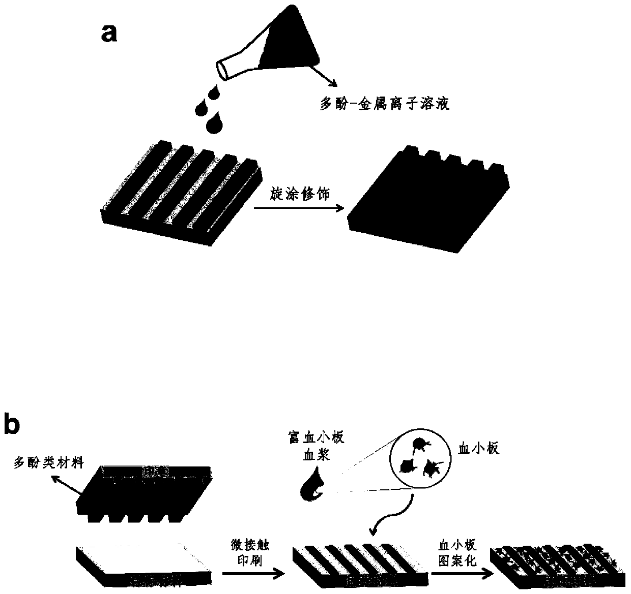 A method for patterning platelets on the surface of materials using polyphenolic compounds