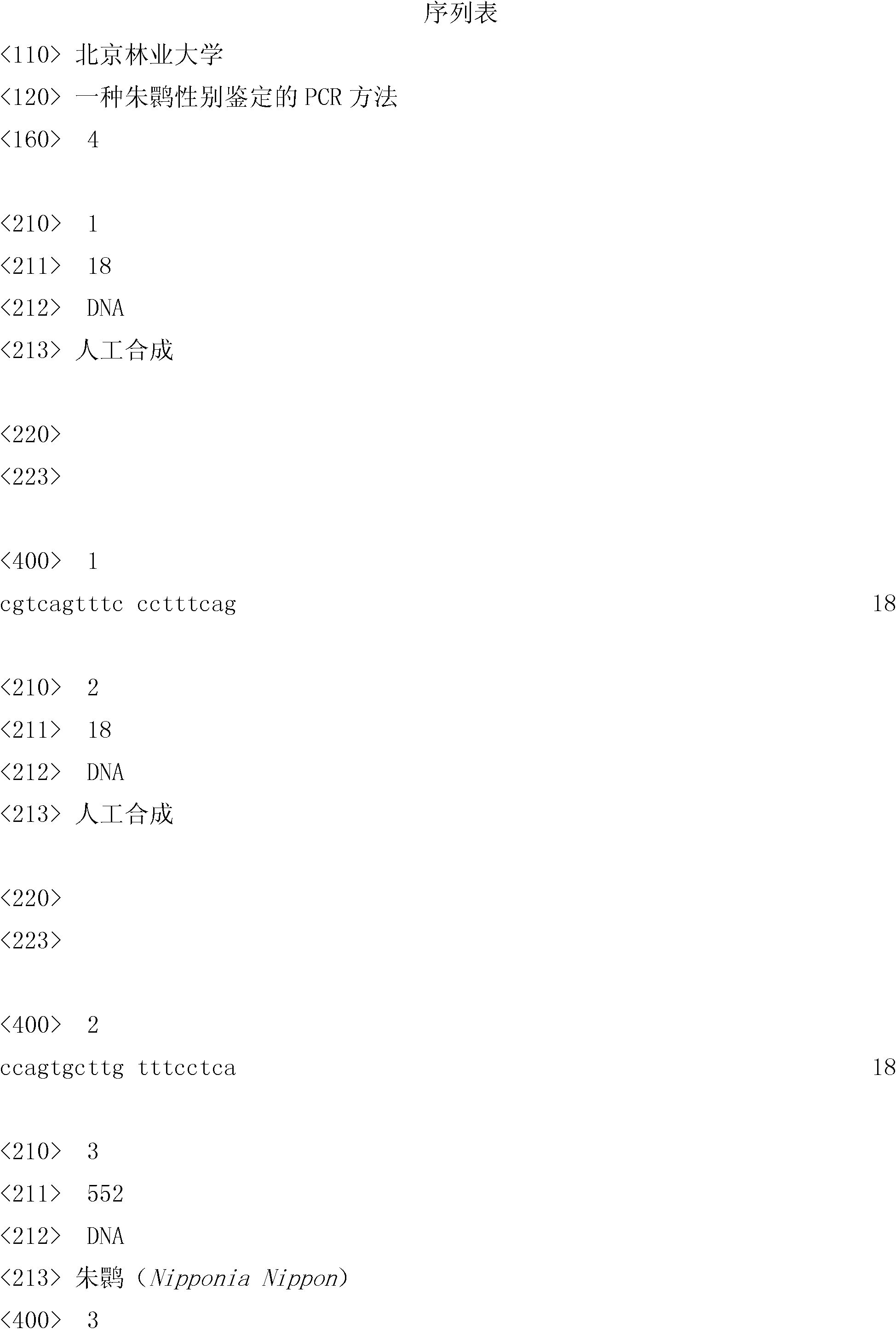 PCR (Polymerase Chain Reaction) method for sex appraisal of Nipponia nippon