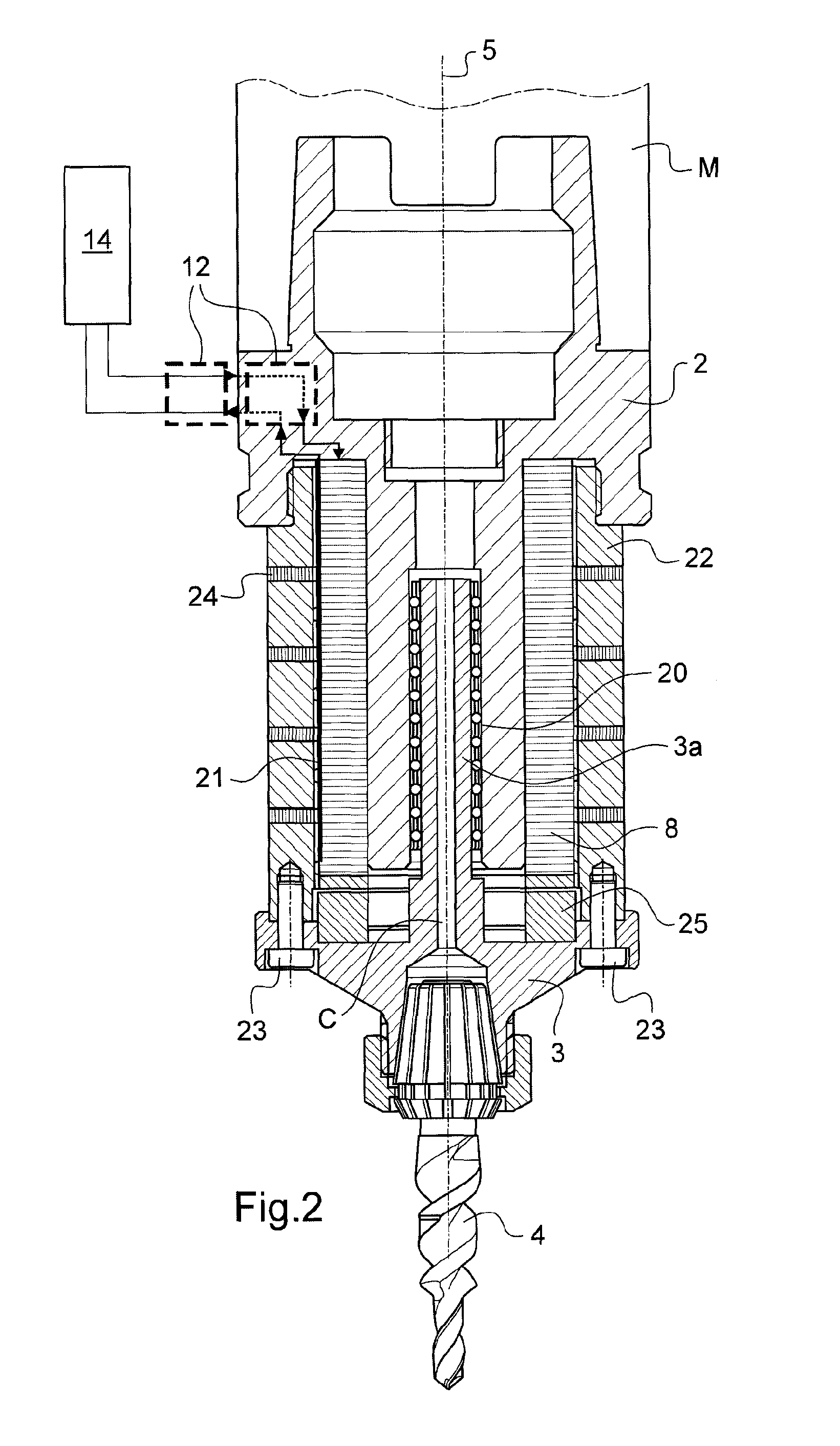 Drilling head with axial vibrations