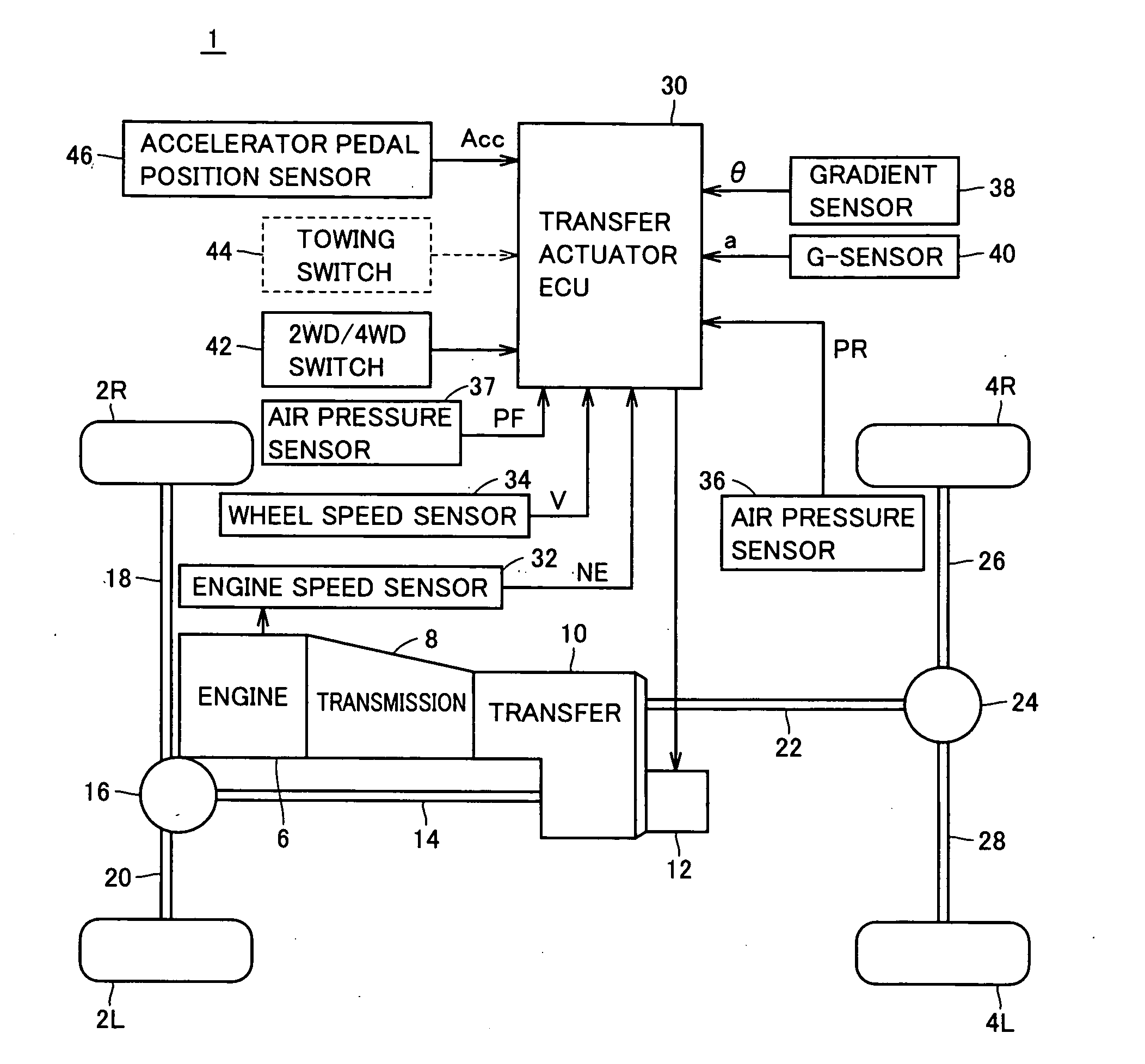 Four-wheel drive vehicle running normally and with object towed thereby