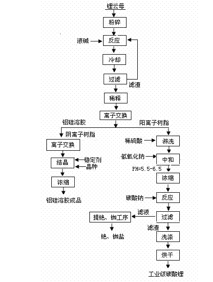 Method for extracting lithium by processing lepidolite through alkali dissolution process