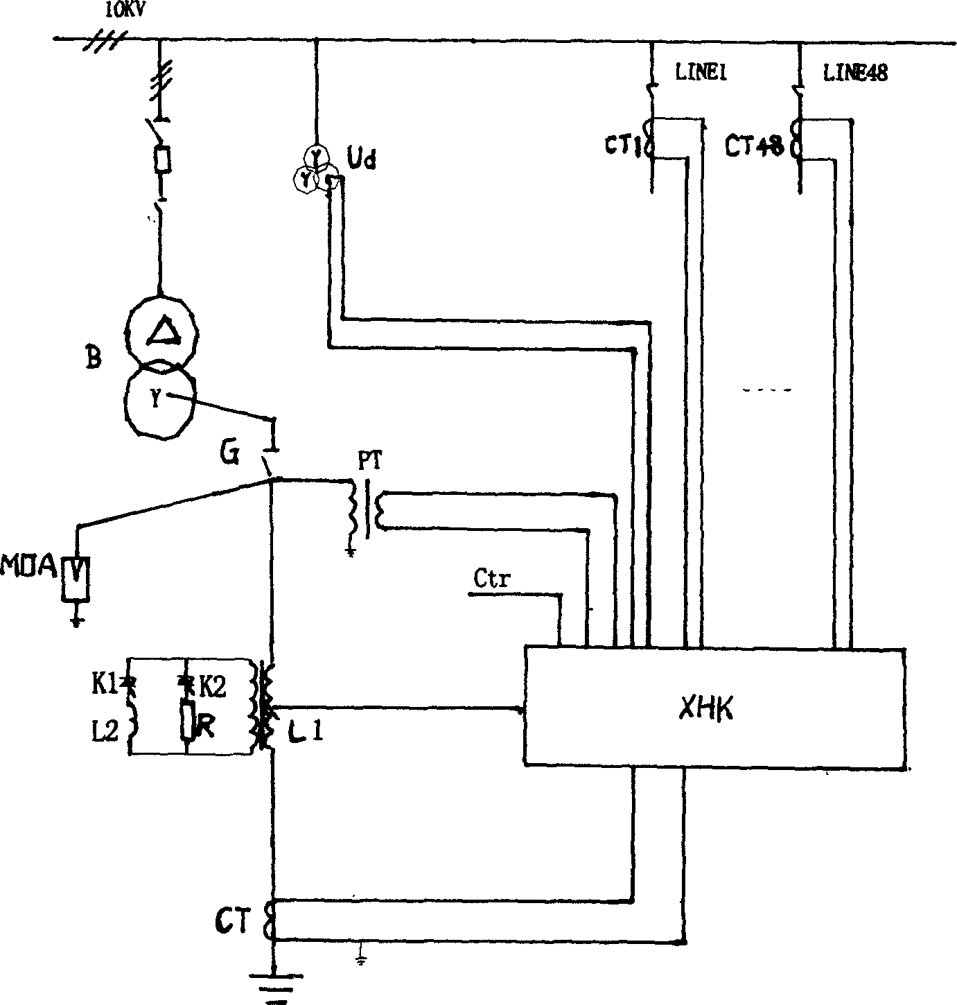 Combined automatic tracing arc extinction compensation and line selecting device