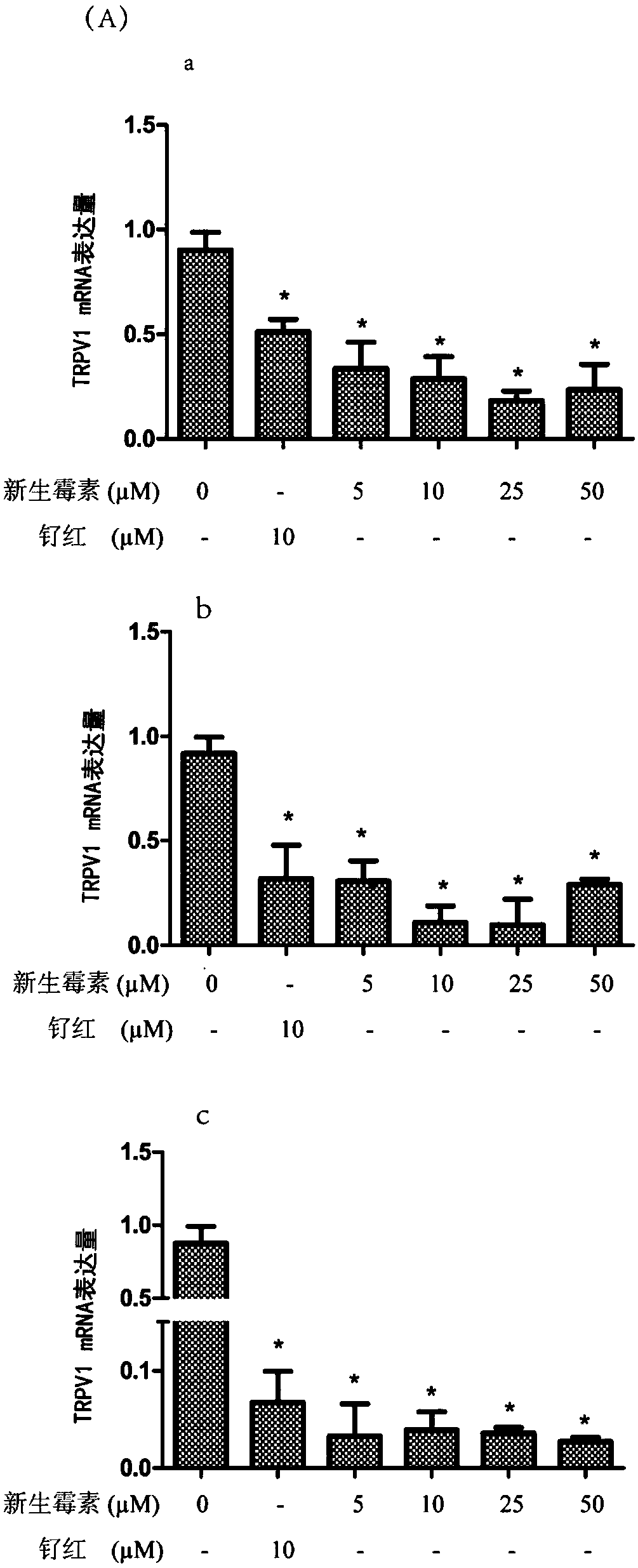 Application of novobiocin in preparation of drug with function of inhibiting TRPV1 (transient receptor potential cation channel, subfamily V, member 1) expression and transfer