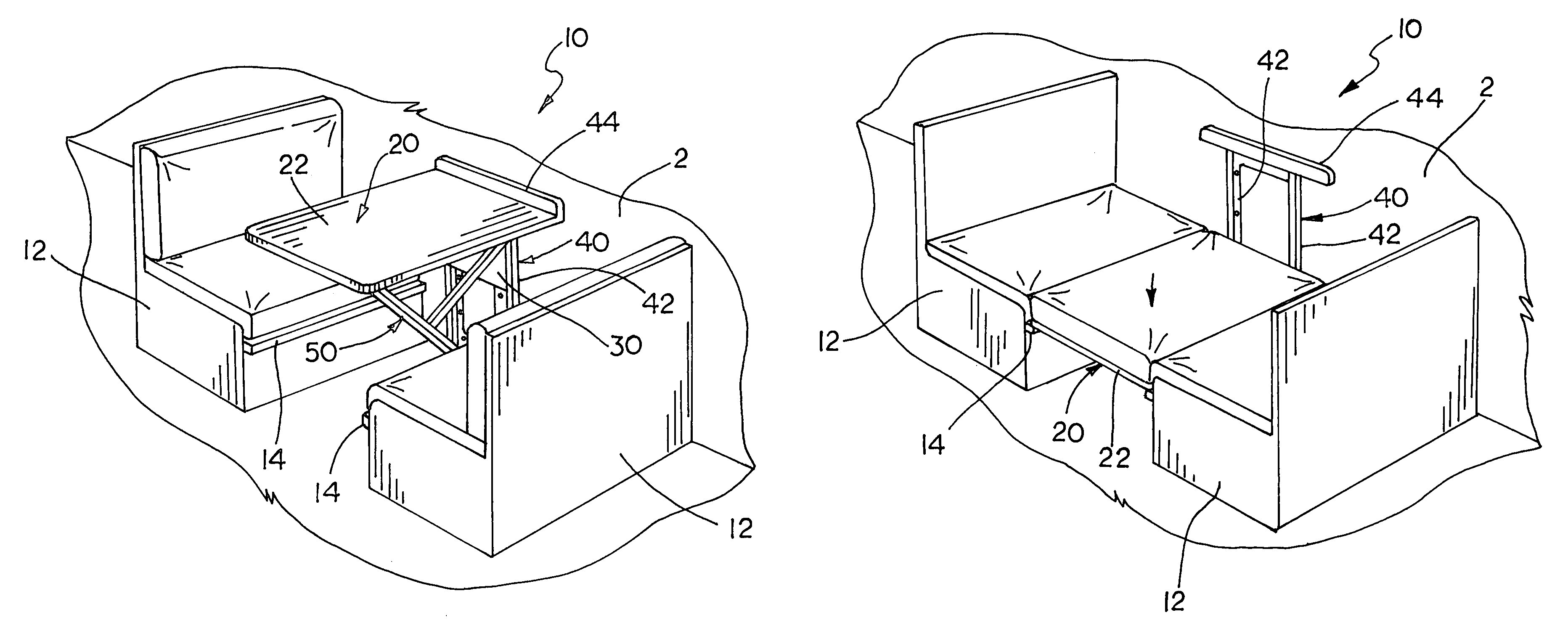 Dinette having a collapsible table assembly