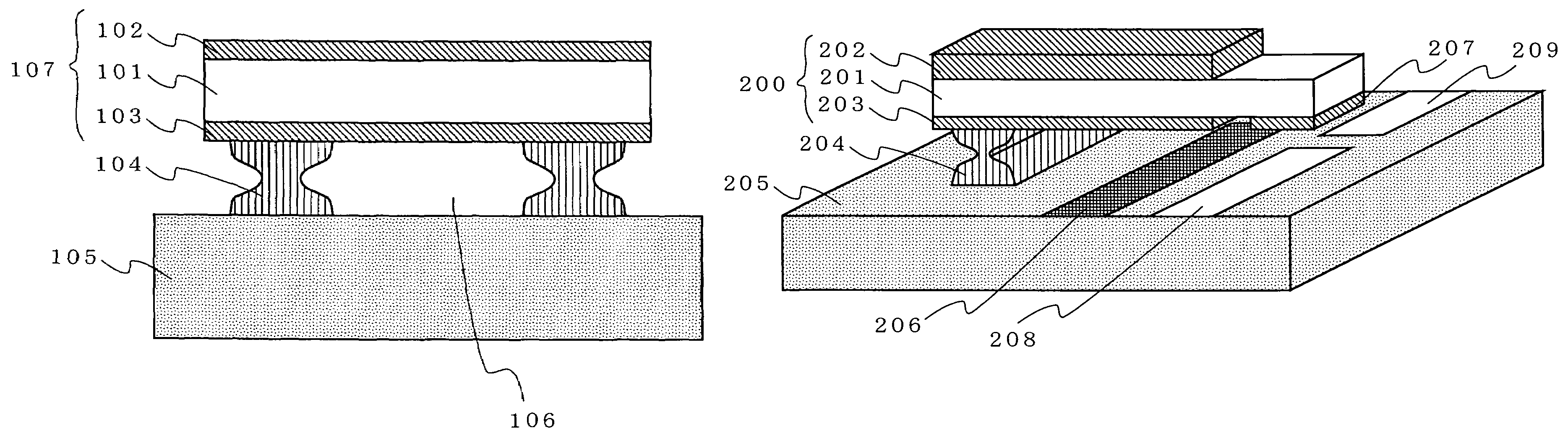 Device including piezoelectric thin film and a support having a vertical cross-section with a curvature