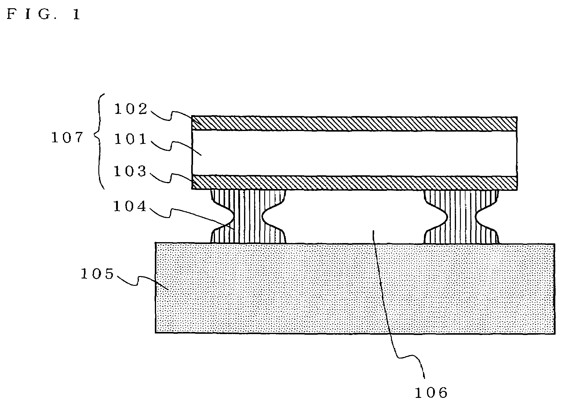 Device including piezoelectric thin film and a support having a vertical cross-section with a curvature