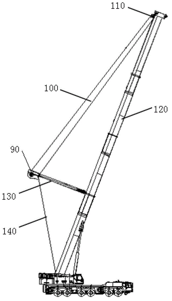 Crane, guying mast and pulling pre-tightening device of guying mast