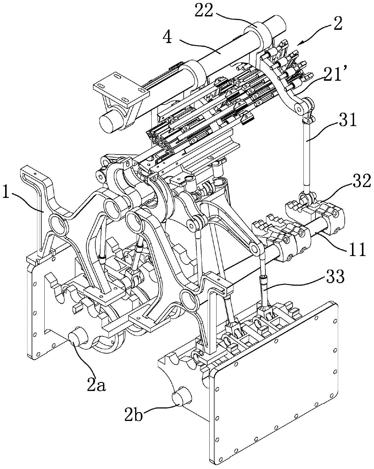 Warp knitting machine with bilaterally-driven guide bar-bed assembly