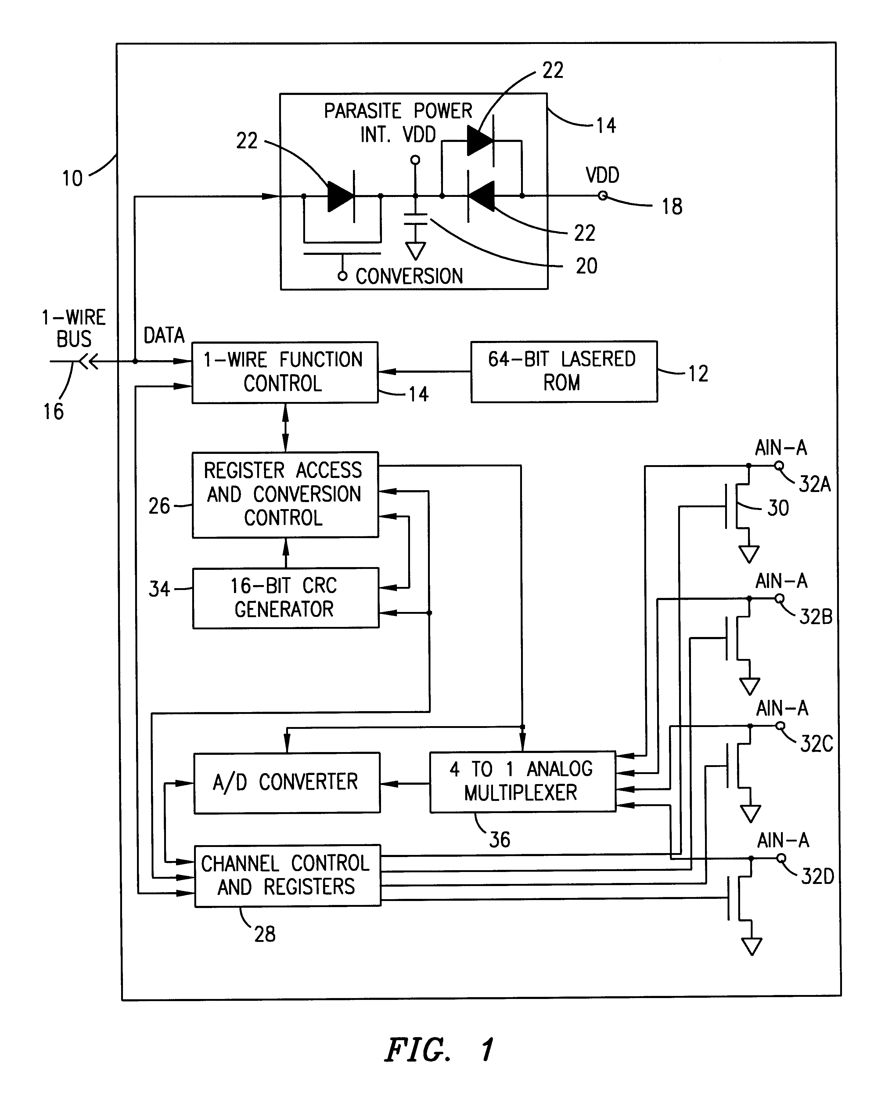 One-wire device with A-to-D converter