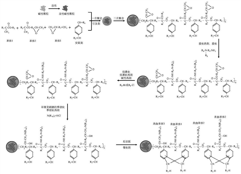 Advanced treatment magnetic resin for recycling sewage landscape containing two quaternary ammonium sites and capable of synchronously removing nitrogen and phosphorus and preparation method of advanced treatment magnetic resin