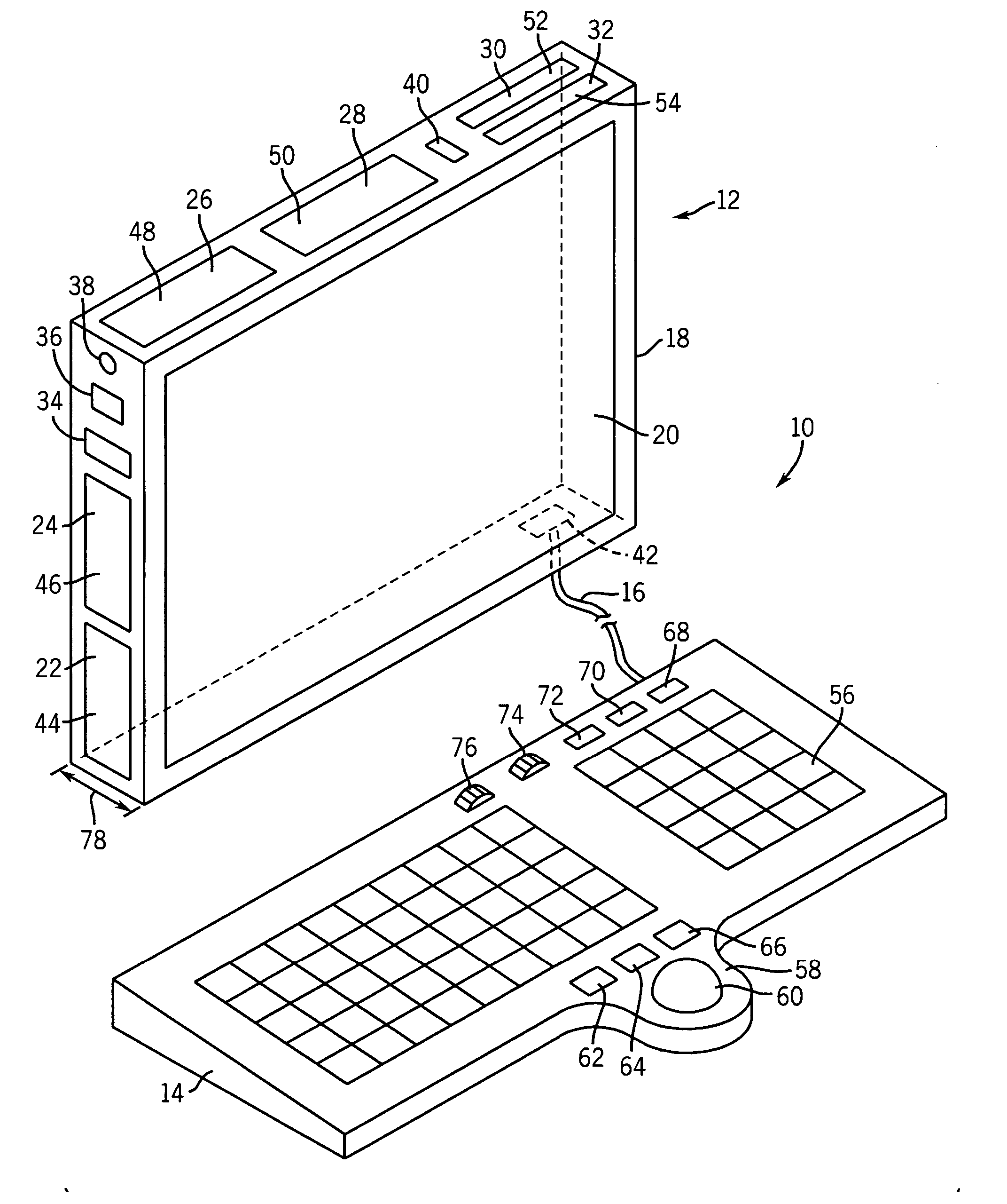 Flat panel computer having an integrally housed flat panel display