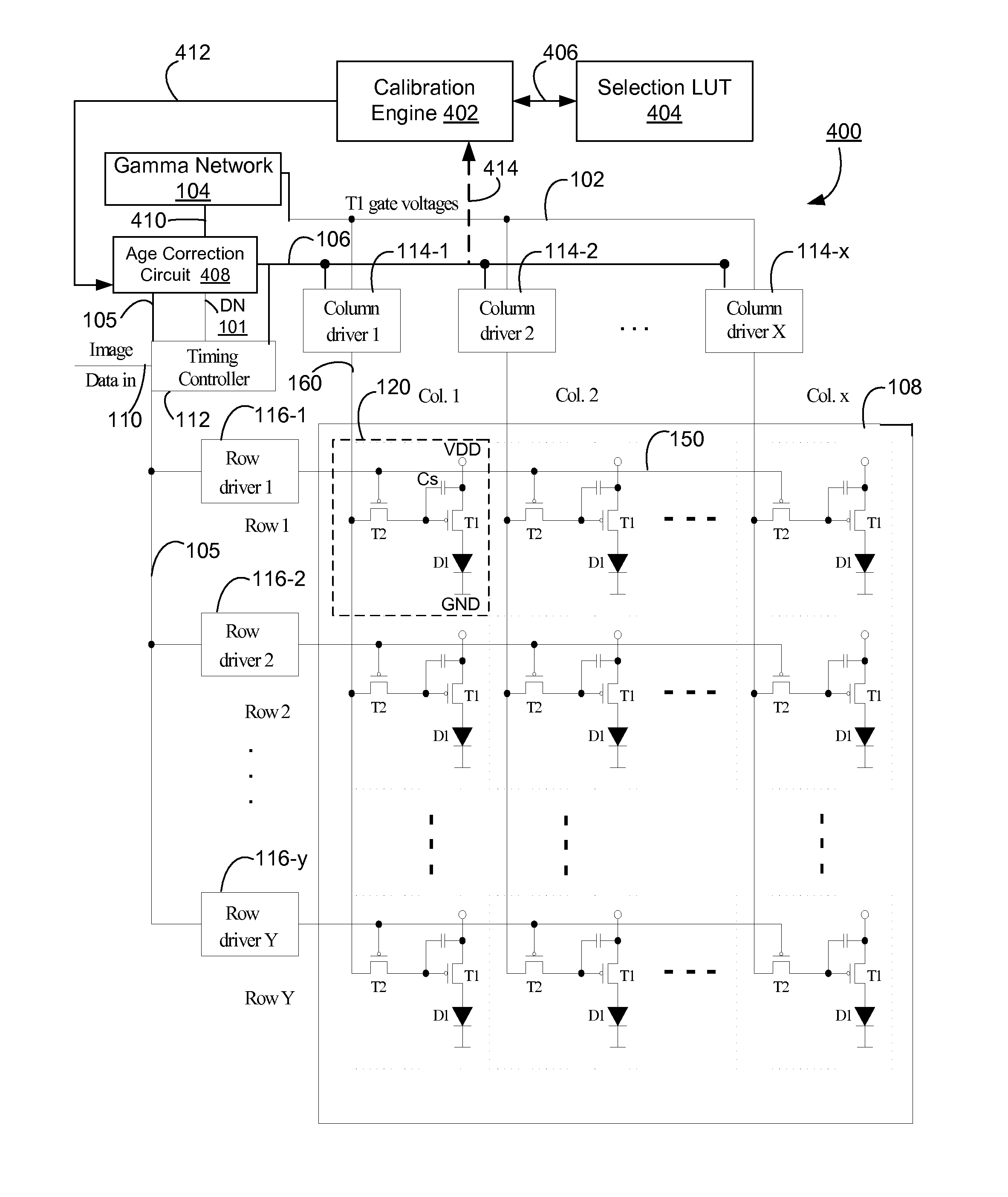 Emission control in aged active matrix OLED display using voltage ratio or current ratio with temperature compensation