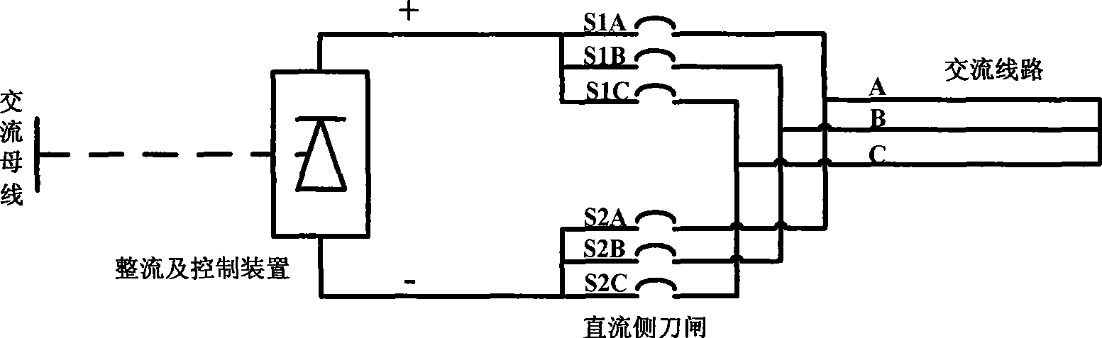 Method for automatically switching between DC ice melting three-phase AC line