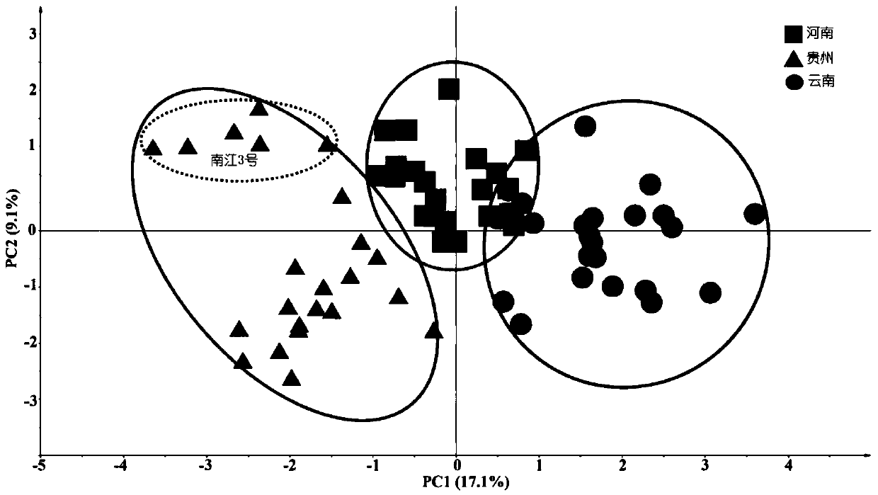 Method for determining contents of 21 types of terpenoids in tobacco leaf and application of method