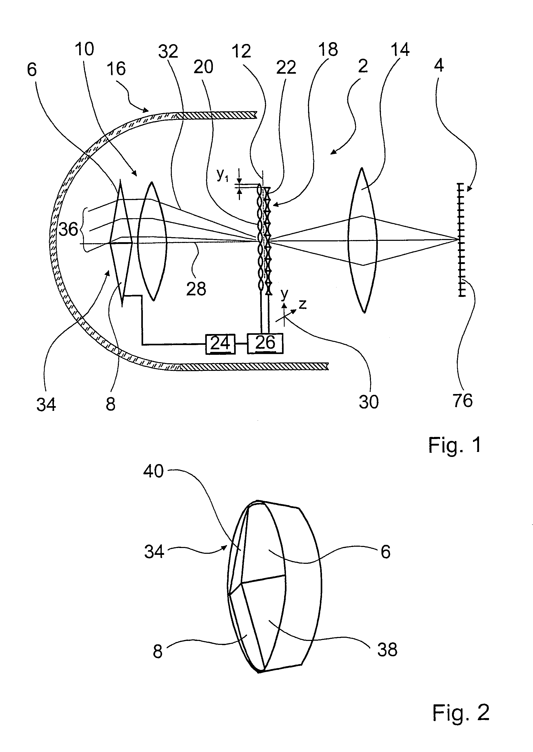 Optical arrangement for a homing head with movable optical elements