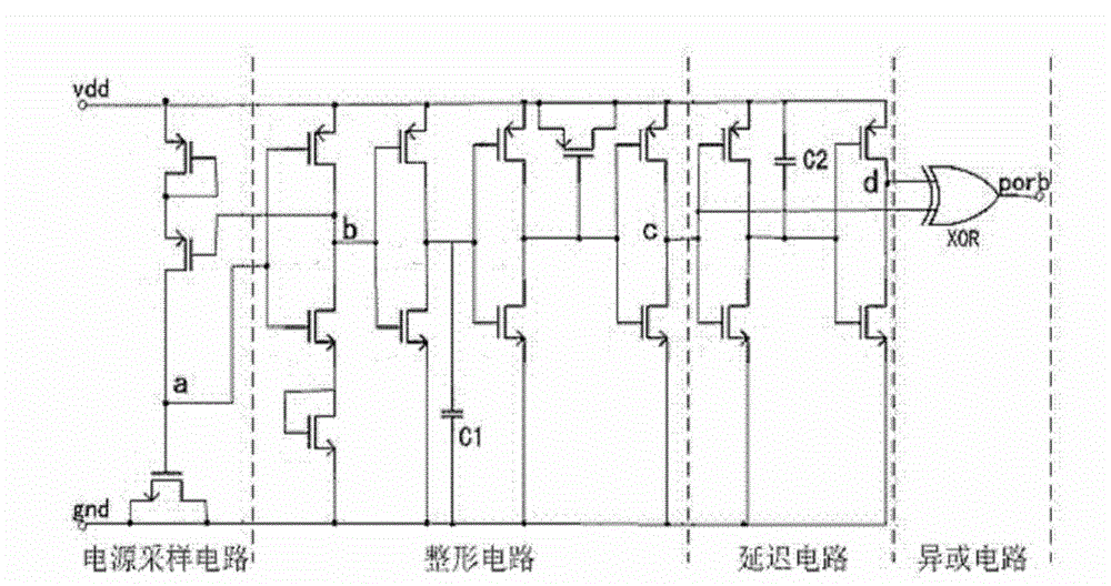 Low-power-consumption high-reliability electrification resetting circuit