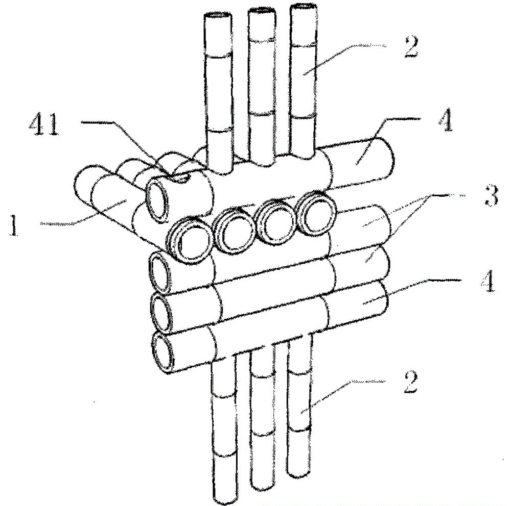 Connecting structure of raw-bamboo floor, wall and beam