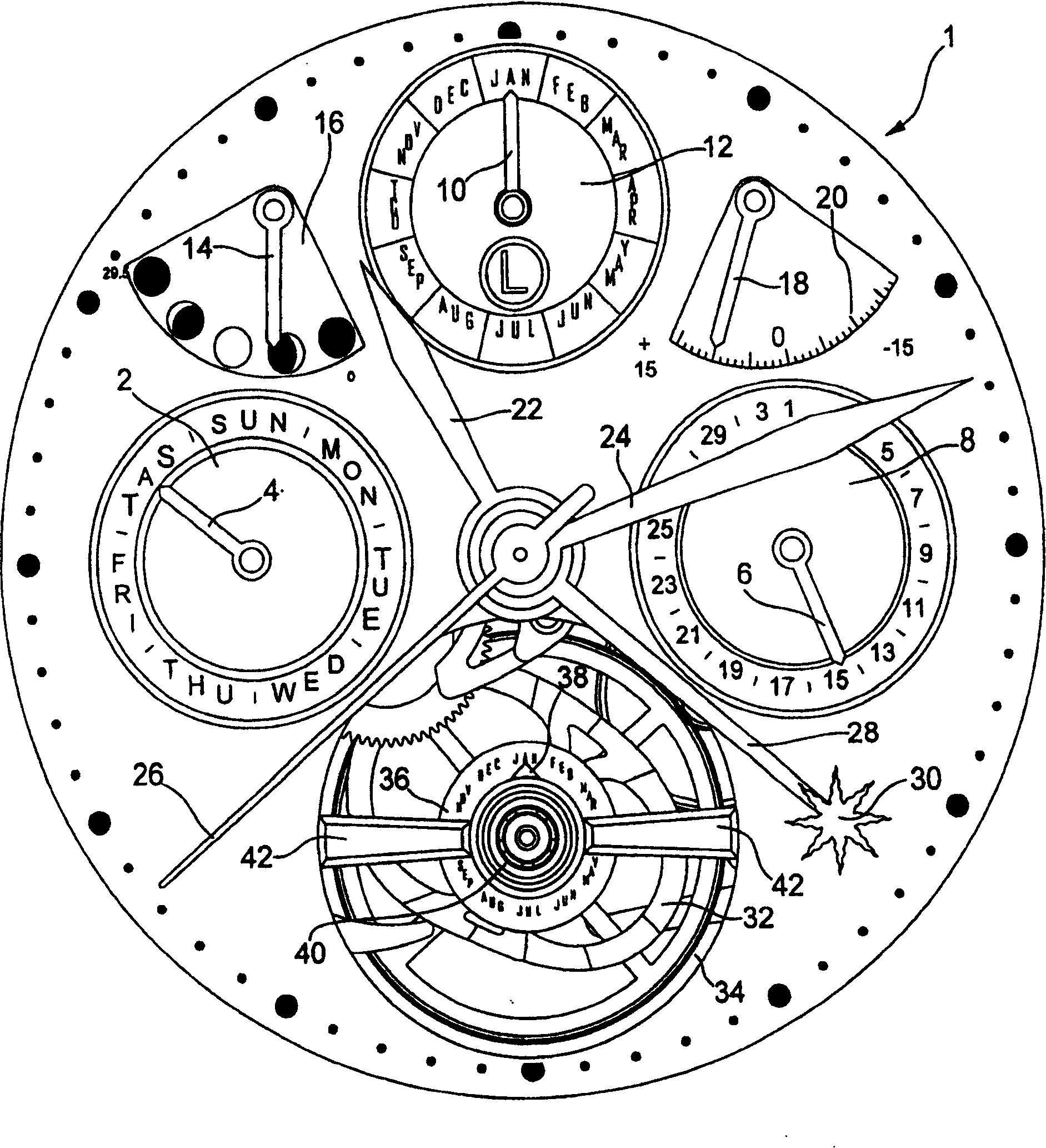 Date-display chronometer comprising time-difference operation device