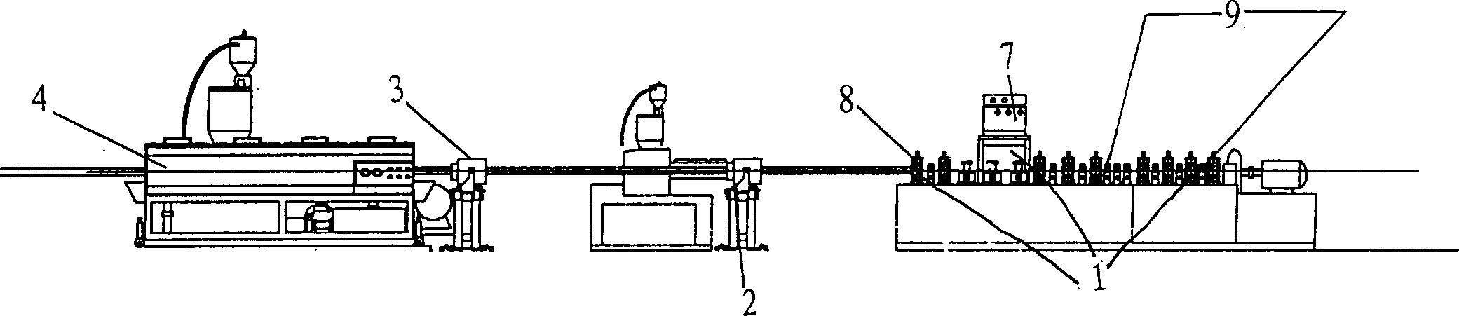 Continuous production equipment of steel-plastics composite pipe whose internal and external surfaces of holed steel skeleton are coated with adhesive