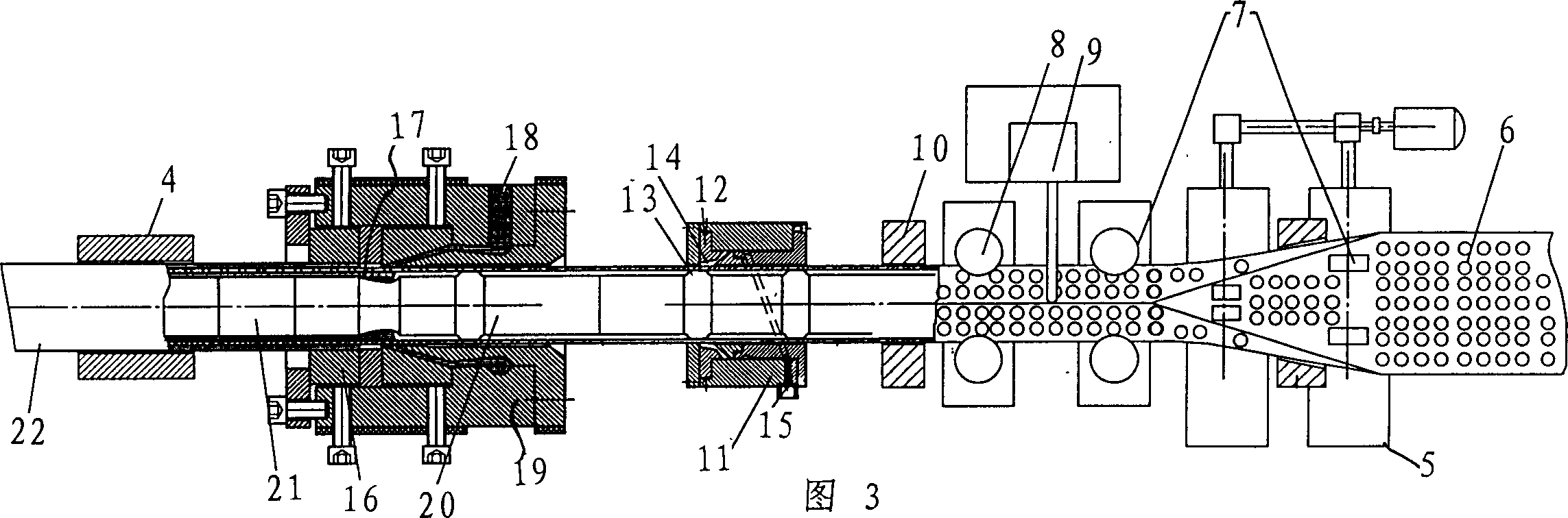 Continuous production equipment of steel-plastics composite pipe whose internal and external surfaces of holed steel skeleton are coated with adhesive