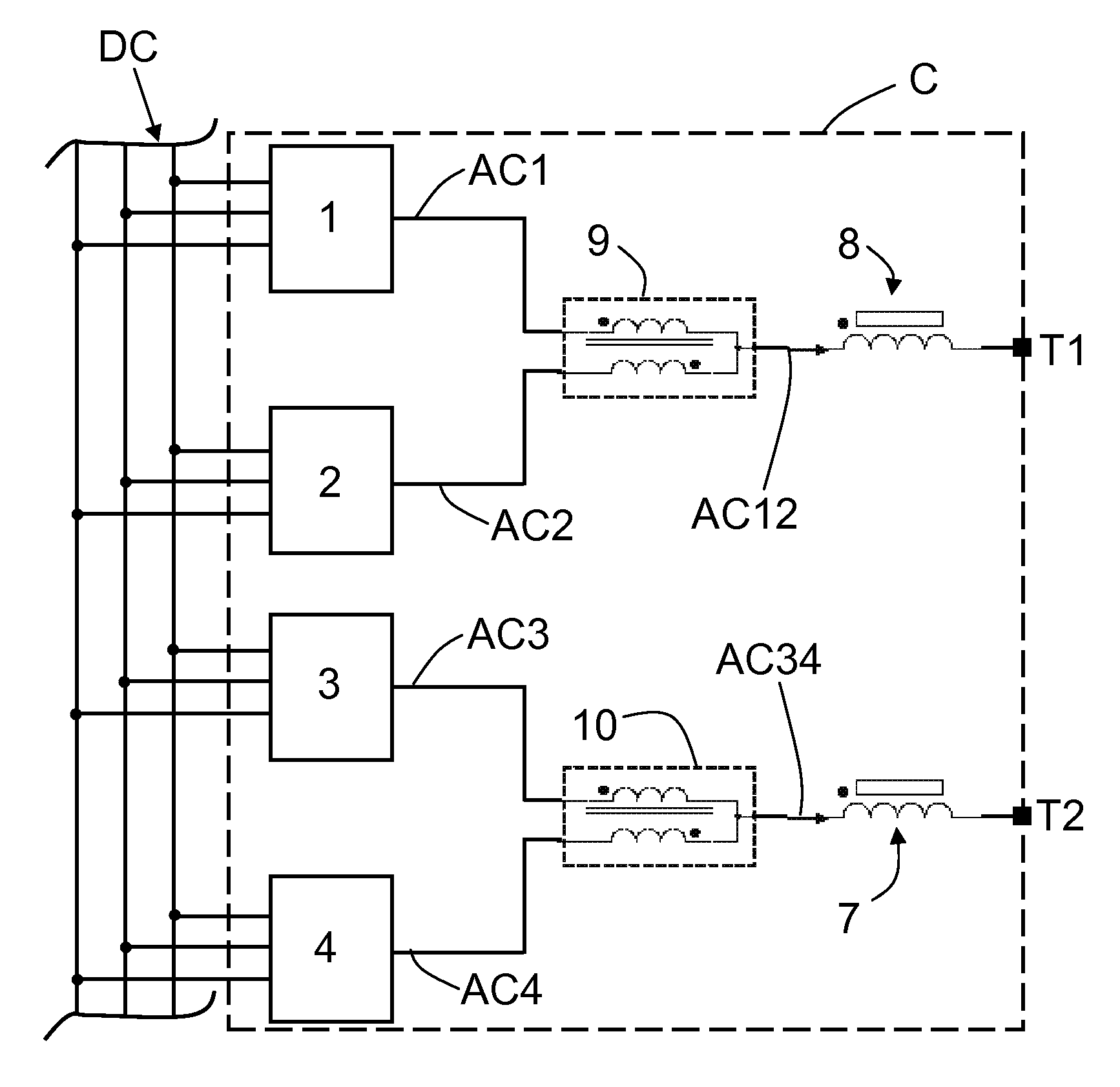 Control method for converting power, and electronic power converter adapted to carry out said method