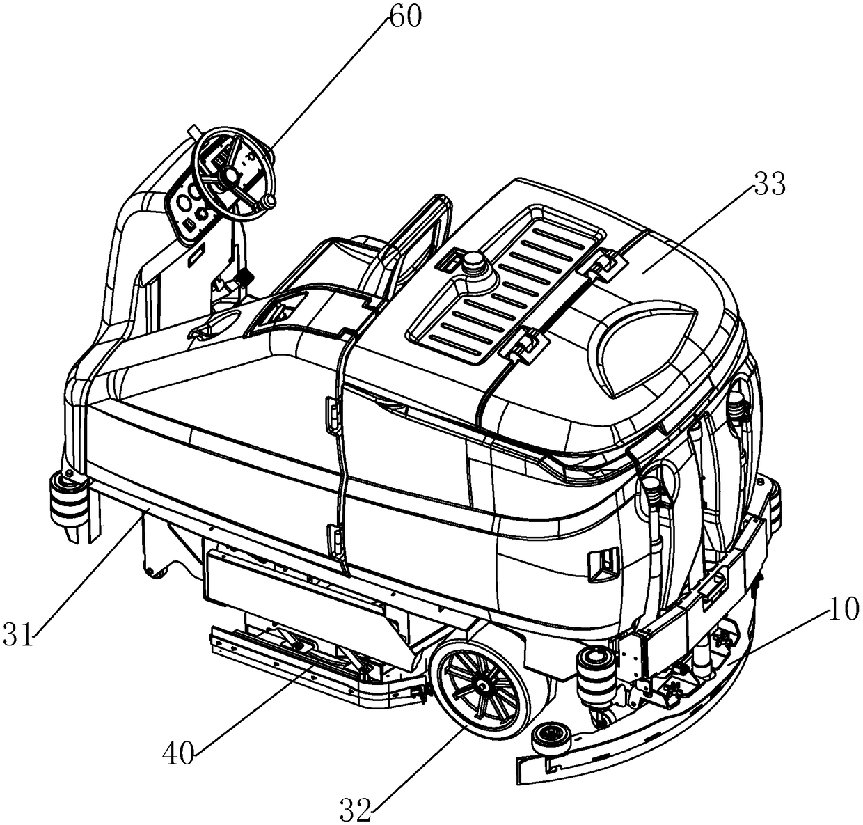 A vehicle-mounted floor scrubber