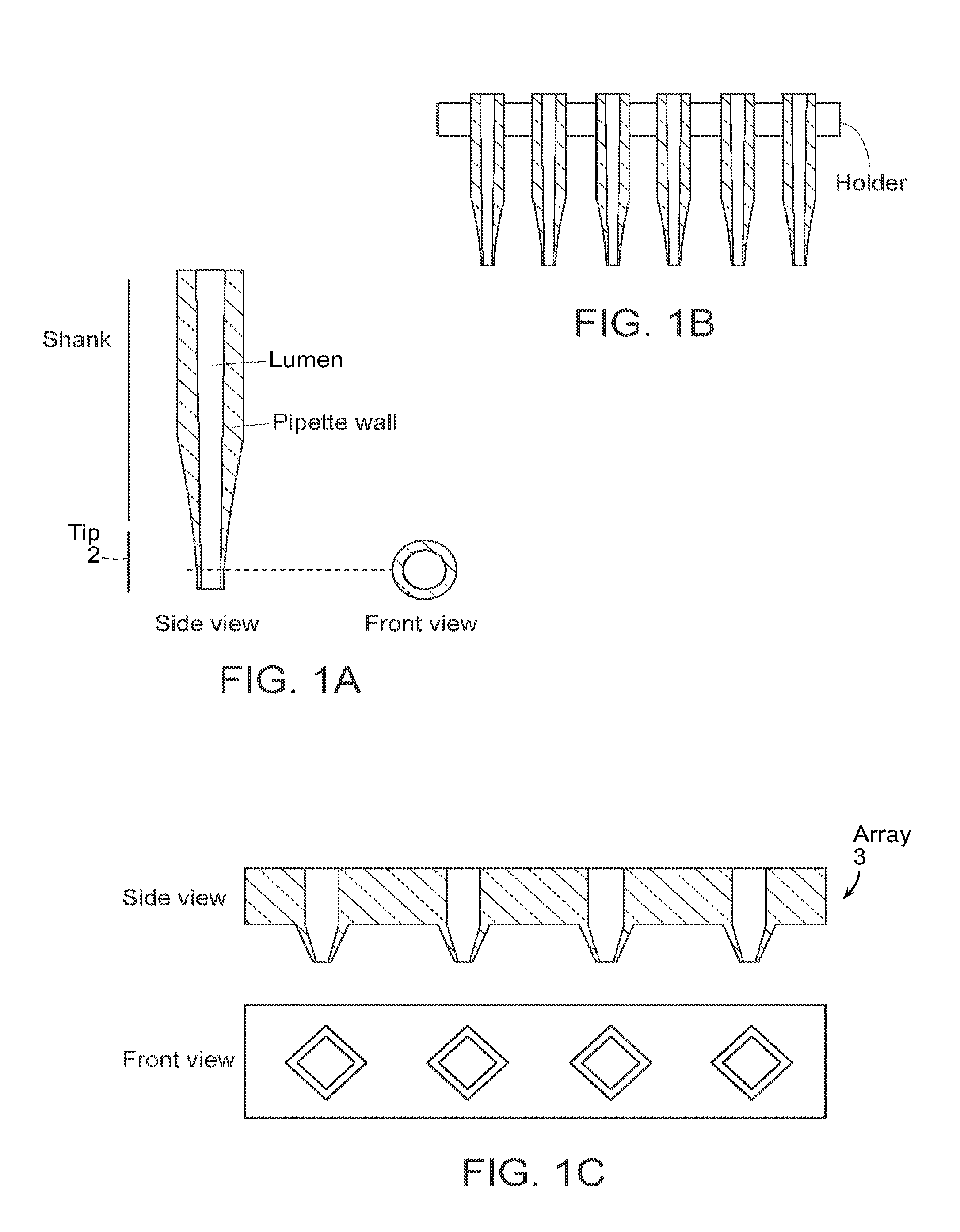 Nanoelectrodes and nanotips for recording transmembrane currents in a plurality of cells