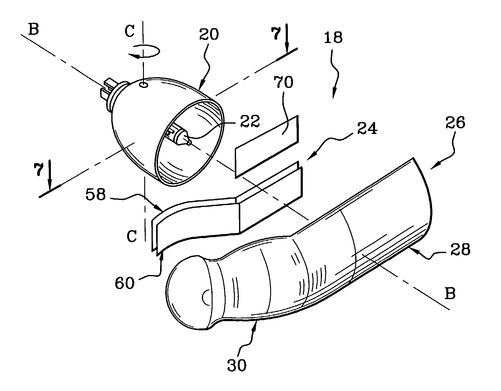 Headlight having a pivoting elliptical reflector and a fixed lens, for producing an offset or verge beam