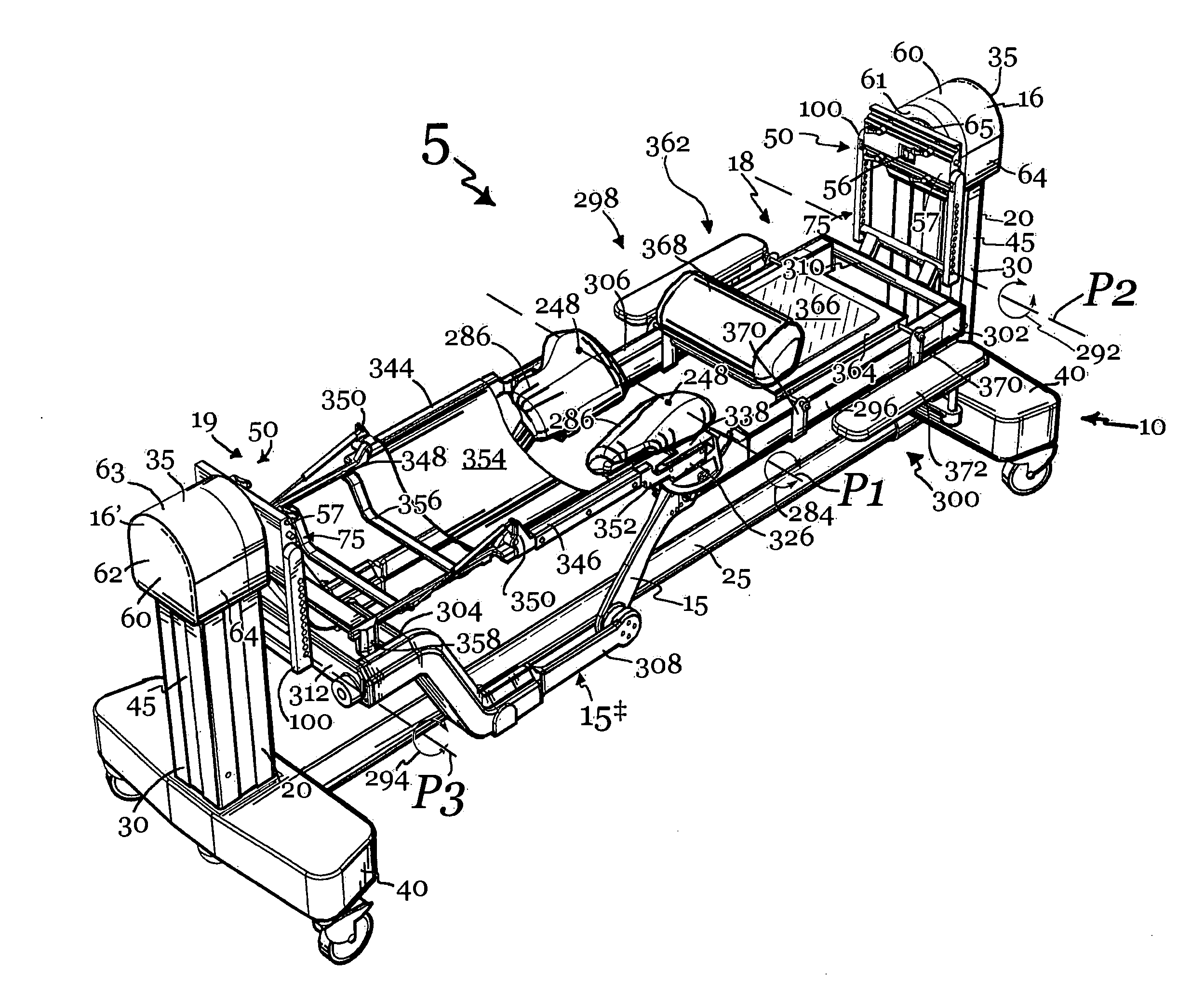 Patient positioning support apparatus with virtual pivot-shift pelvic pads, upper body stabilization and fail-safe table attachment mechanism