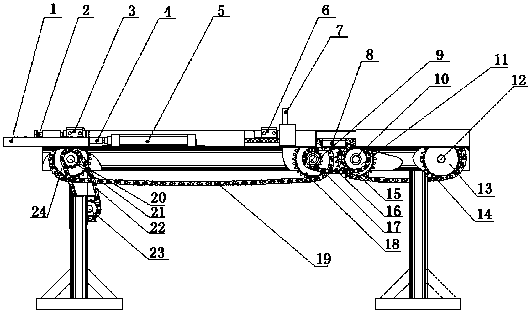 Length detection and automatic feeding and discharging device for short metal bar stocks