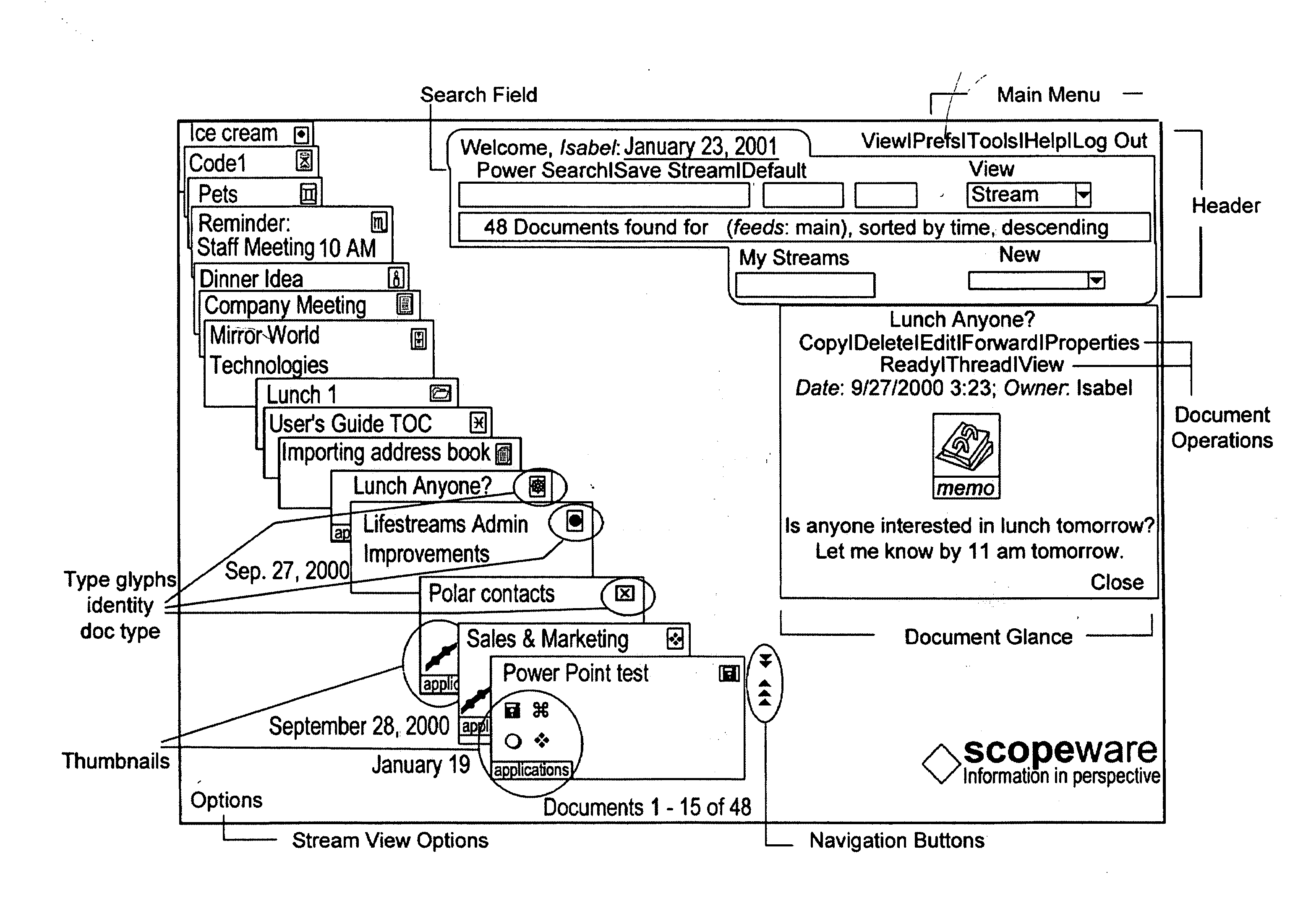 Desktop, stream-based, information management system