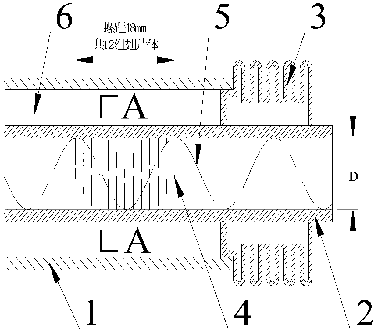 A vacuum heat collecting tube with helically advancing semi-circumferentially distributed fin bodies