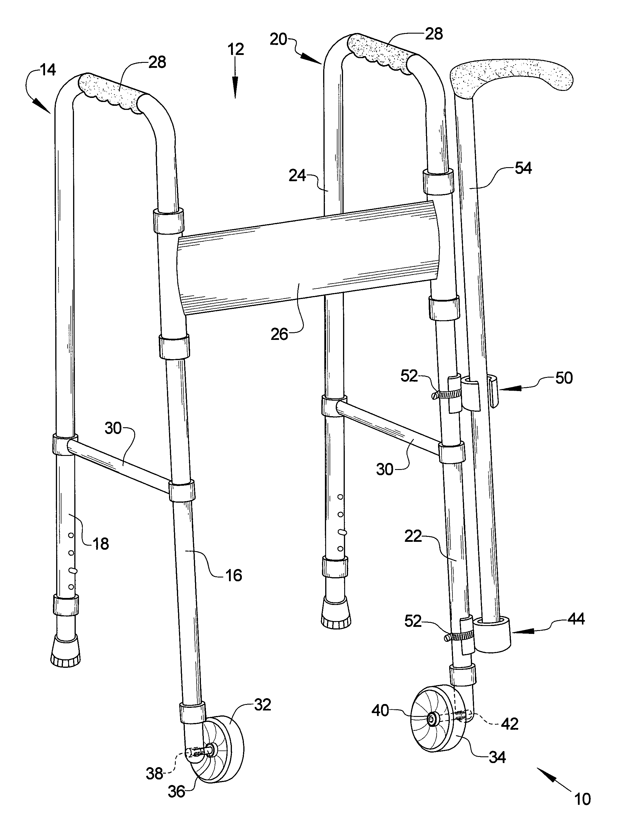 Walker with cane holder and non-catch castors