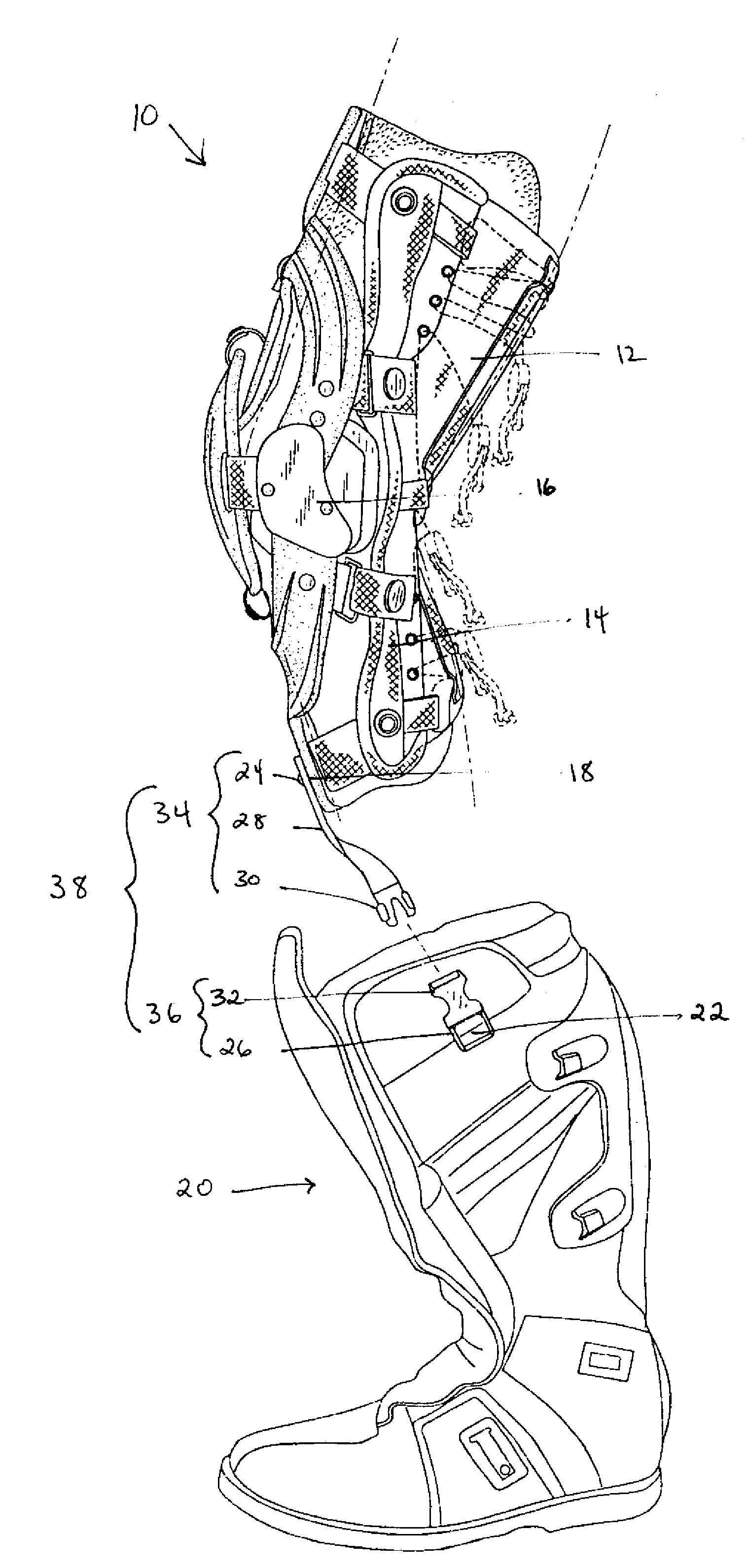 Flexible tether member connecting a knee brace to a boot