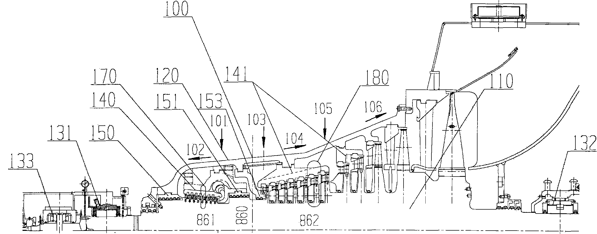 Single-cylinder, reaction and impulse turbine