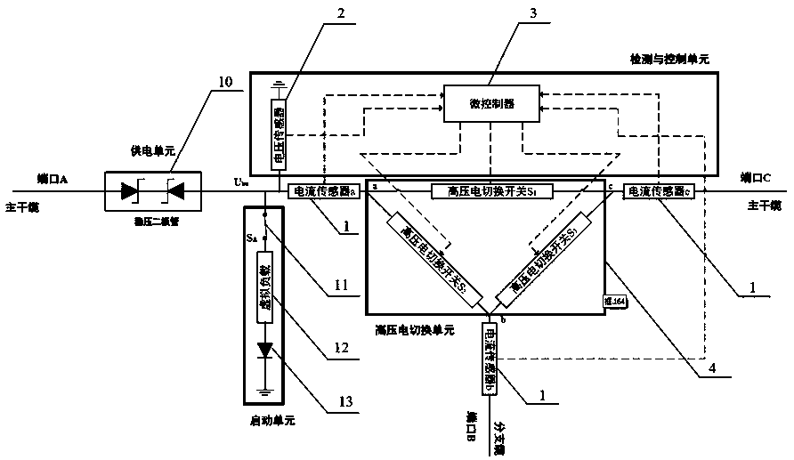 Seabed observational network high-voltage switching type splitter with rapid relay protection