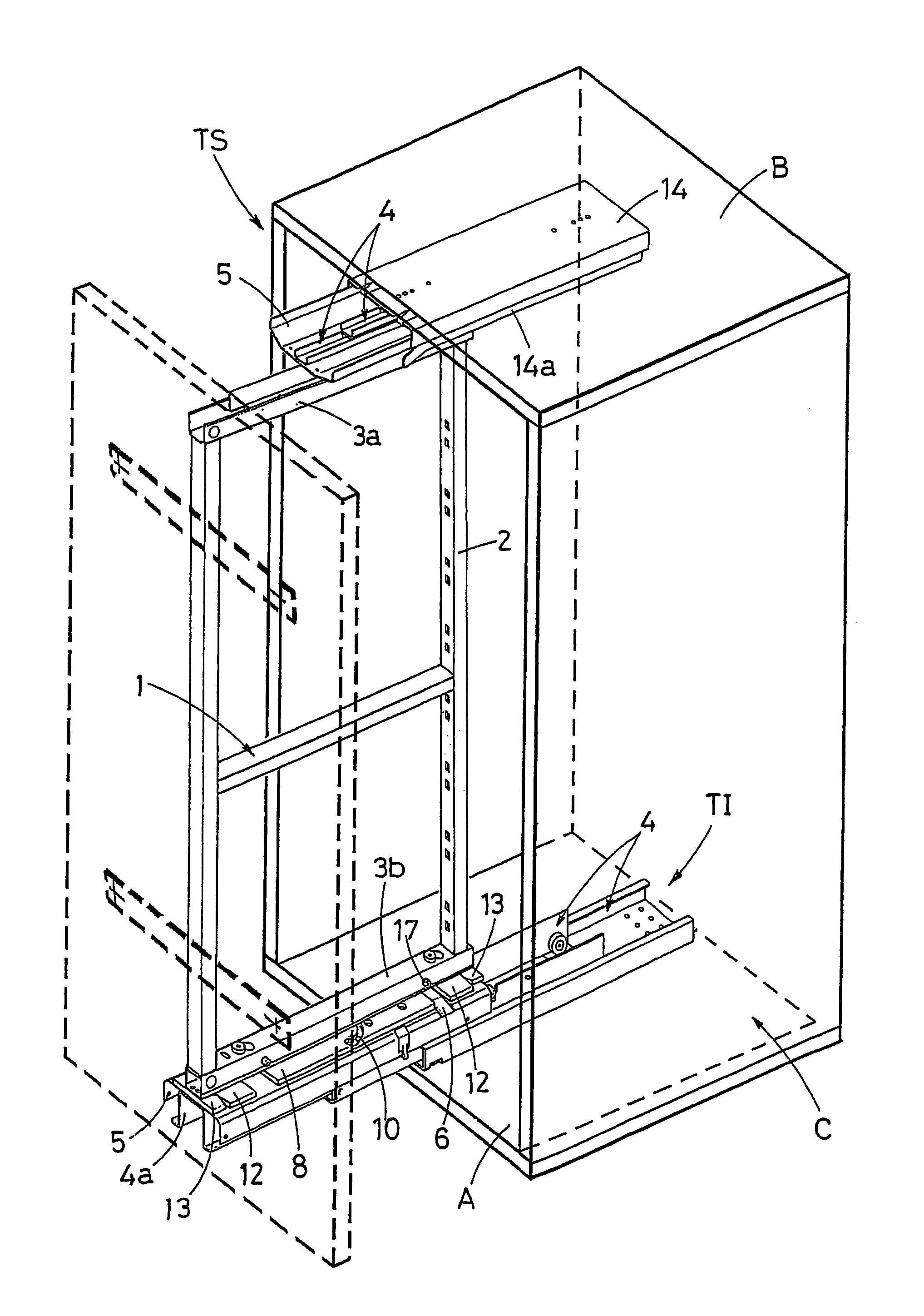 Frame to support pull-out and rotating racks for cabinets