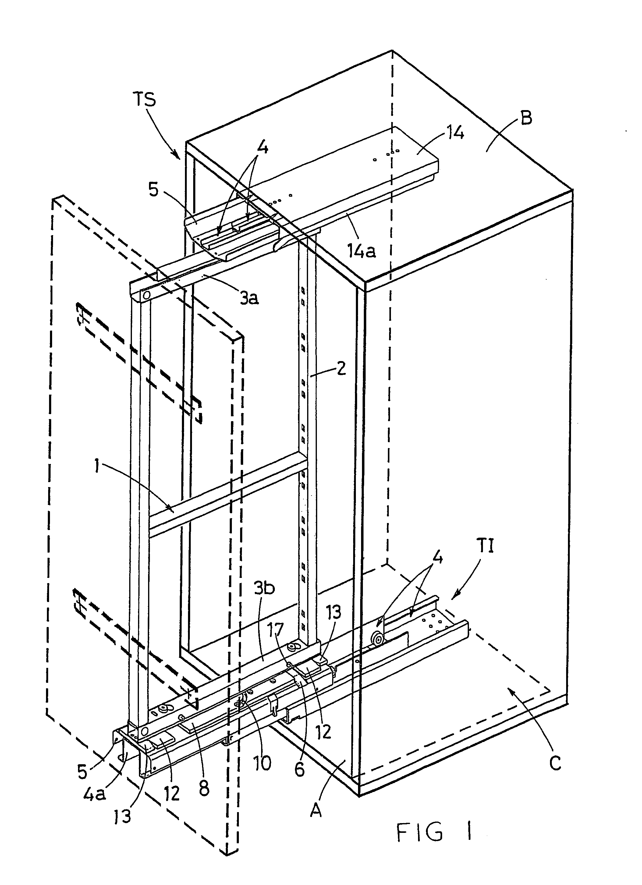 Frame to support pull-out and rotating racks for cabinets