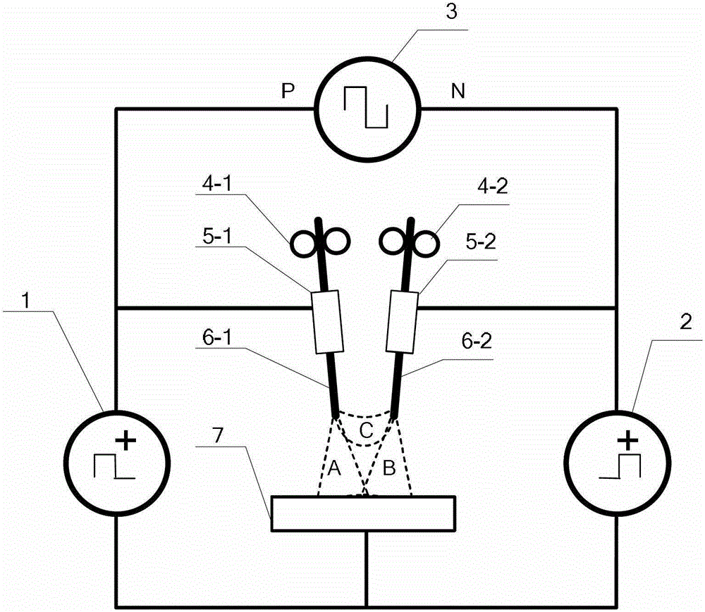 Multi-state double-wire electrical arc welding device and welding method