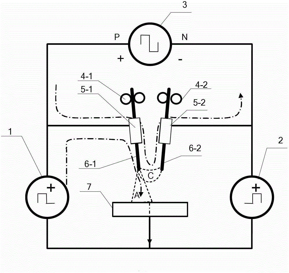 Multi-state double-wire electrical arc welding device and welding method